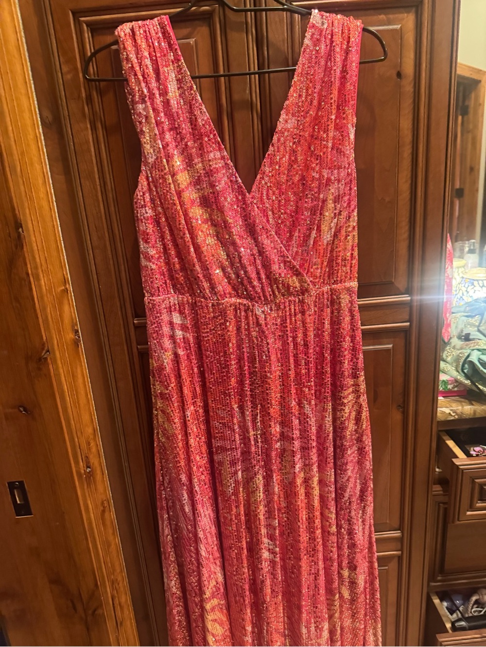 Boston Proper Pink and Gold Metallic V-Neck Pleated Evening Gown